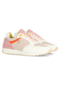 Sneakers med en vit läderbas, rosa och beige accenter, orange detaljer och gummisula. Har snörning och dekorativt guldcharm.