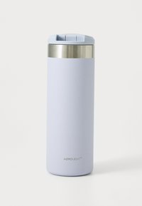 Tall, light blue stainless steel travel mug with a flip-top lid and "AEROLIGHT" branding near the base.