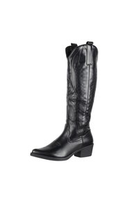Las botas de vaquero de cuero negro presentan una punta puntiaguda, un tacón de bloque de altura media y patrones de costura intrincados en el eje.