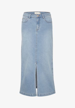 Hellblaues Denim-Midirock mit einem Schlitz vorne, geradem Schnitt, klassischem Fünf-Taschen-Design und einem verwaschenen Finish. Mit weißem Markenlabel.