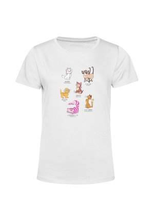 Weißes Baumwoll-T-Shirt mit cartoonhaften Katzen: Marie, Si & Am, Oliver, Dinah, der Cheshire-Katze und Sgt. Tibbs, mit bunten Druckmotiven.
