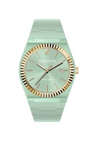 Orologio verde menta con forma esagonale, lunetta dorata e bracciale a maglie con motivo. Caratterizzato da un quadrante di fabbricazione svizzera e display della data.