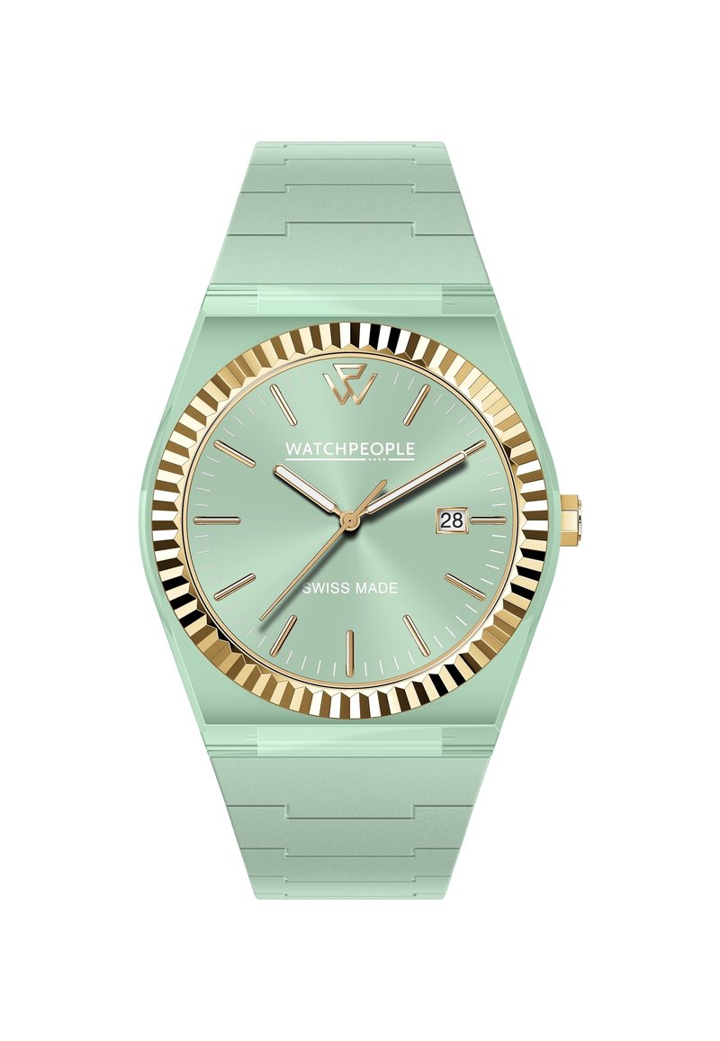 Orologio verde menta con forma esagonale, lunetta dorata e bracciale a maglie con motivo. Caratterizzato da un quadrante di fabbricazione svizzera e display della data.
