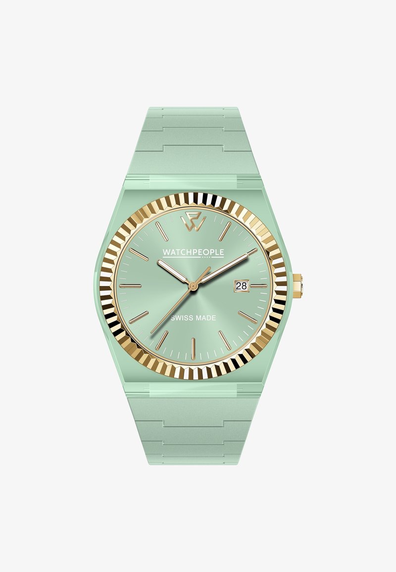 Orologio verde menta con forma esagonale, lunetta dorata e bracciale a maglie con motivo. Caratterizzato da un quadrante di fabbricazione svizzera e display della data.