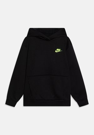 Zwarte hoodie gemaakt van zachte stof, voorzien van een kangoeroezak, geribbelde manchetten en een neon groene Nike-logo op de borst.