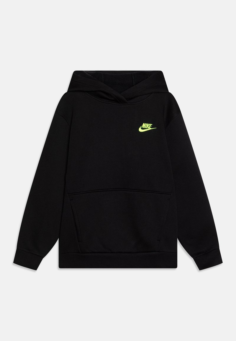 Czarna bluza z kapturem wykonana z miękkiego materiału, z kieszenią kangurką, ściągaczami na rękawach oraz neonowo zielonym logo Nike na piersi.