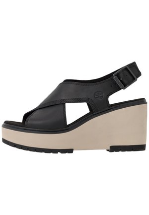 Sandale compensée en cuir noir avec semelle plateforme beige, bout ouvert, découpes latérales et bride de cheville ajustable avec boucle.