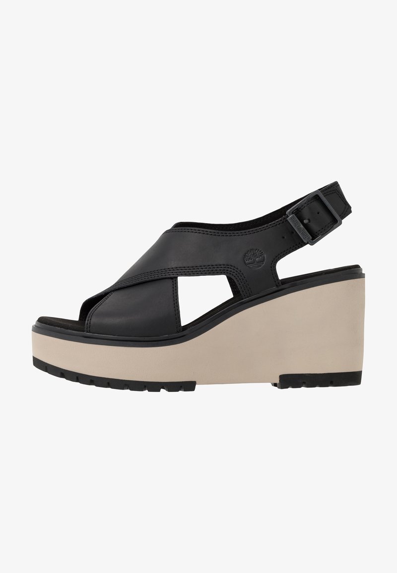 Sandale compensée en cuir noir avec semelle plateforme beige, bout ouvert, découpes latérales et bride de cheville ajustable avec boucle.