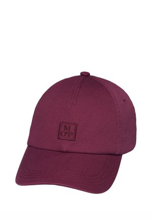 Maroon baseball cap with curved brim and stitched rectangular logo patch reading "MOP" on the front center panel.