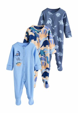 Drie kinderonesies van zacht materiaal. Lichtblauw met geborduurde dinosaurussen, kleurrijke dierenprints en blauwe patronen met dinosaurusthema.