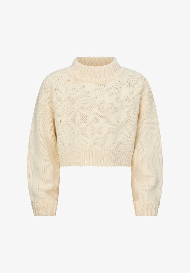 Maglione color crema accorciato con un motivo a maglia spessa, colletto alto a coste e maniche larghe con polsini a coste.