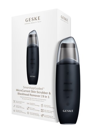 GESKE fjernelse af hudorme og hudskrubber med et slankt sort hus, klar spids og mærkede knapper til eksfoliering, fugtning og løft.