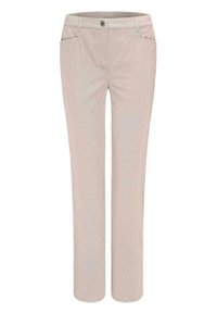 Beige, recht gesneden broek van zacht stof met een gladde textuur. Heeft twee voorzakken en een enkele knoopsluiting.