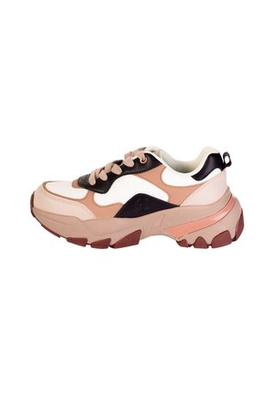 Sneakers with a chunky sole, featuring peach, white, and black leather panels, round toe, and beige laces. Textured rubber outsole with grip.