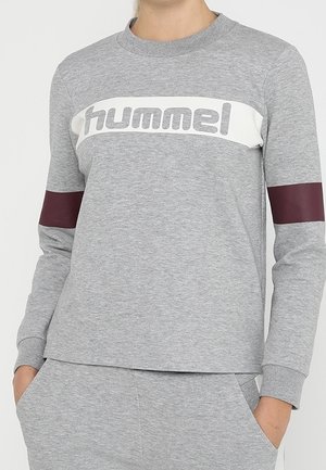 Person trägt einen grauen Sweatshirt mit „hummel“-Logo auf der Brust und weinroten Streifen an beiden Ärmeln, Hände in den Taschen passender grauer Hose.