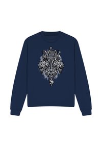 Navy Sweatshirt mit einem zentralen Grafikdesign eines Schwertes, das von zwei Schädeln und Schlangenköpfen flankiert wird, mit weißen und grauen Details.