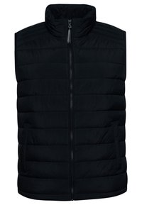 Schwarze Steppweste mit hohem Kragen, Frontreißverschluss und zwei seitlichen Taschen. Verfügt über ein gestepptes Design mit vertikaler Polsterung zur Isolierung.