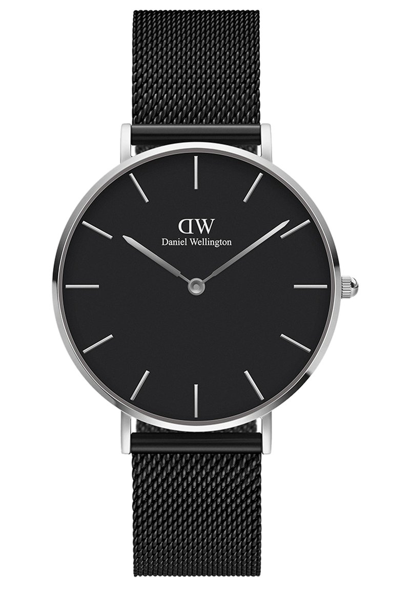 Schwarze Uhr mit rundem Ziffernblatt, silbernen Akzenten, minimalistischen Stundenmarkierungen und einem schwarzen Mesh-Armband. Verfügt über eine glatte, matte Oberfläche.