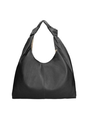 Sac à épaule en cuir noir avec une finition douce et texturée, une large ouverture et des accents de poignées nouées ; design minimaliste sans accroches métalliques visibles.