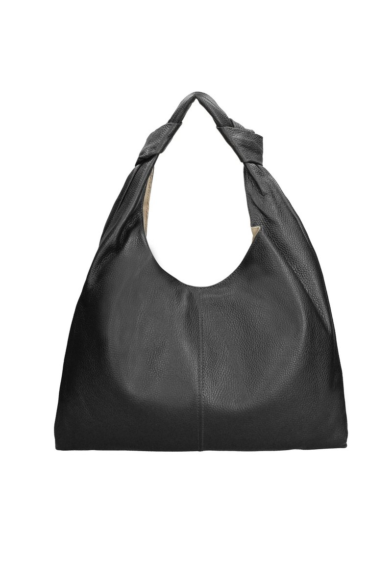 Sac à épaule en cuir noir avec une finition douce et texturée, une large ouverture et des accents de poignées nouées ; design minimaliste sans accroches métalliques visibles.