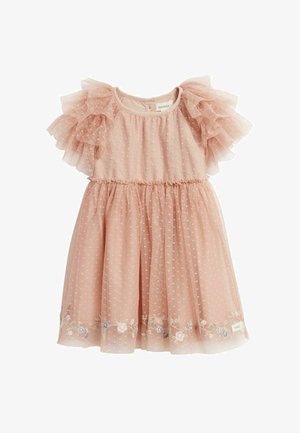 Rosa Kleinkindkleid mit aufgebauschten Tüllärmeln, gepunktetem Netzüberzug, geraffter Taille und zarter Blumenstickerei am Saum.