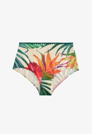 Bikinihose mit hohem Bund und tropischem Blumendruck mit grünen Blättern, orangefarbenen und roten Blumen auf cremefarbenem Hintergrund.