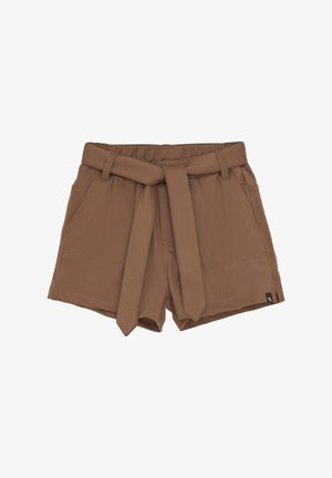 Braune Shorts mit einem Bindegürtel, aus einem weichen Stoff gefertigt. Zu den Merkmalen gehören zwei Fronttaschen und gesteppten Details entlang der Kanten.