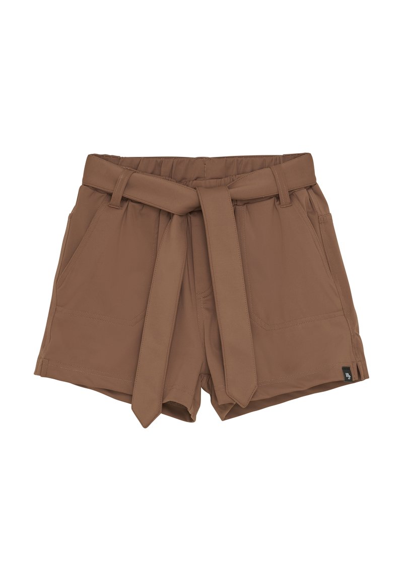 Braune Shorts mit einem Bindegürtel, aus einem weichen Stoff gefertigt. Zu den Merkmalen gehören zwei Fronttaschen und gesteppten Details entlang der Kanten.