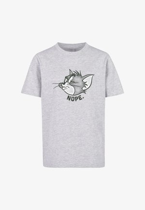 Hellgraues T-Shirt mit einer schwarz-weißen Skizze eines Katzenkopfes und dem Wort "NOPE" darunter auf der Brust.