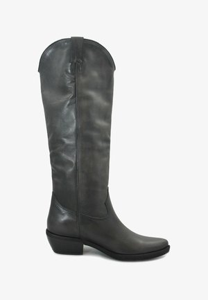 Stivale da cowboy nero in pelle, fino al ginocchio, con tacco basso inclinato e linguette per infilarlo, su sfondo bianco.