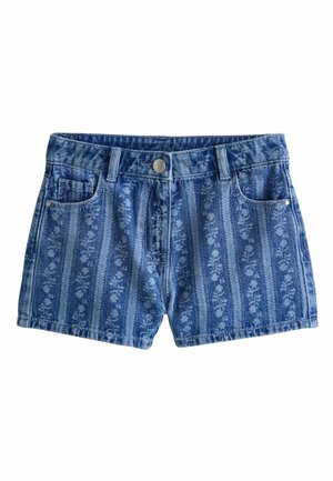 Denim shorts in light blue with a floral pattern. Features include a front button, belt loops, and two front pockets.