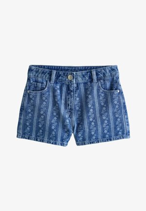 Spijkershort in lichtblauw met een bloemenpatroon. Voorzien van een knoop aan de voorkant, riemlussen en twee voorkantzakken.