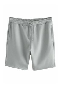 Pantalones cortos gris claro hechos de una tela suave, con una cinturilla elástica, cordón ajustable y dos bolsillos laterales.