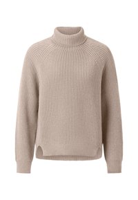 Beige Strickpullover mit hohem Kragen, Raglanärmeln, gerippten Bündchen und leicht verkürztem Saum mit seitlichen Schlitzen. Strukturierter Stoff.