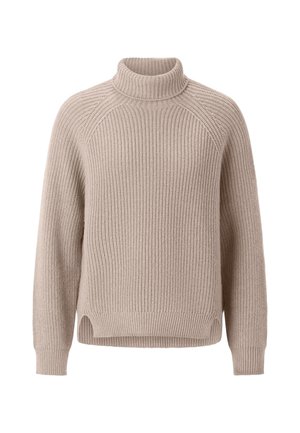 Beige Strickpullover mit hohem Kragen, Raglanärmeln, gerippten Bündchen und leicht verkürztem Saum mit seitlichen Schlitzen. Strukturierter Stoff.