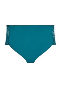 Bikini w wysokim stanie w kolorze zielonym, z kwiatowymi koronkowymi panelami po bokach, gładkim materiałem i prostym wykończeniem brzegów.