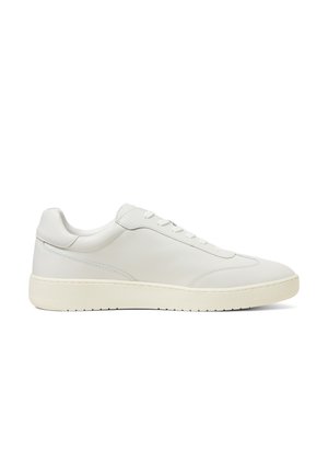 Low-top white leather sneaker with white laces and cream-colored rubber sole shown from the side on a white background.