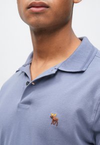 Svetlomodré polo tričko z textúrovanej látky, s hnedým vyšívaným logom losa na ľavej strane hrudnej časti a s dvoma gombíkmi na zapínanie.