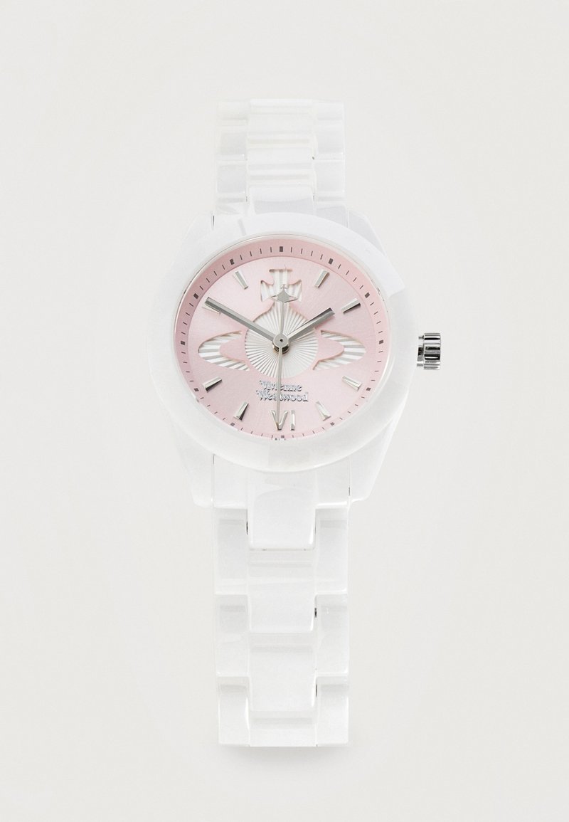 Montre-bracelet en céramique blanche avec cadran rose, index des heures argentés et logo Vivienne Westwood sur le cadran.