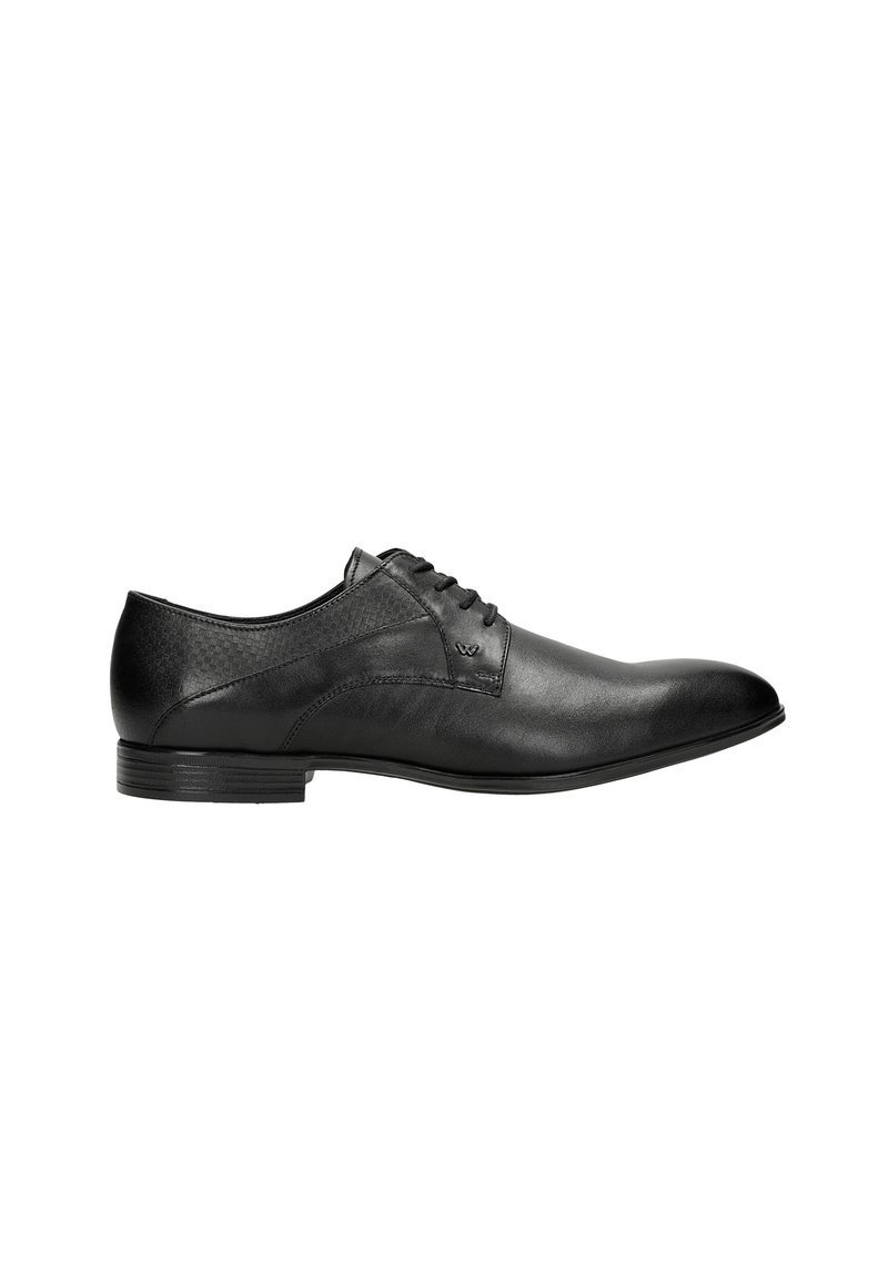 Scarpe stringate in pelle nera con superficie liscia, punta rotonda e tacco basso. Presentano una texture sottile sul lato e un design classico con lacci.