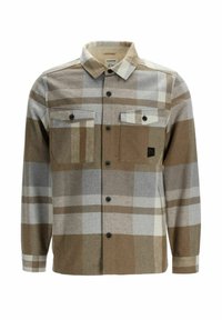 Camisa a cuadros marrón y gris con collar abotonado, dos bolsillos en el pecho, botones negros y una tela texturizada similar a la lana.