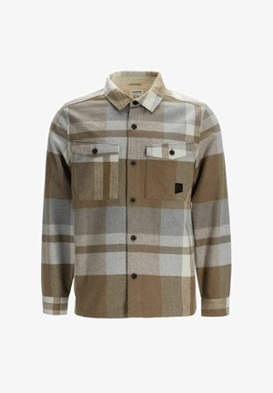 Bruine en grijze geruite shirt met een button-down kraag, twee borstzakken, zwarte knopen en een textuur die lijkt op wol.
