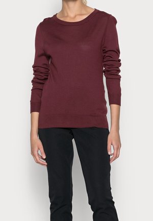 Burgundy knit sweater with long sleeves, a round neckline, ribbed cuffs, and a fitted hem. Smooth texture and lightweight material.