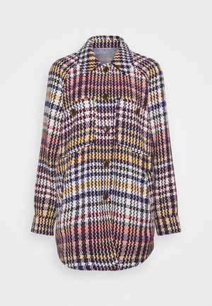 Overhemdjasje met lange mouwen, ruitpatroon en knopen, met kraag en twee borstzakken in wit, marineblauw, geel, rood en zwart.