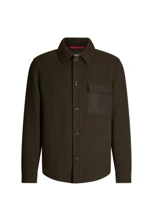 Brązowa wełniana koszula kurtka z kołnierzykiem, z przodem na guziki oraz teksturowaną kieszonką na lewej piersi.