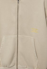 Beiger Kapuzenpullover mit Reißverschluss, Vordertaschen und gelber Stickerei mit dem Text „EVERYTHING IS AN EXPERIMENT“ auf der Brust.