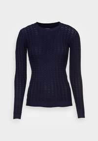 Navy blue knitted sweater with a textured pattern, long sleeves, and a crew neckline. Ribbed cuffs and hem, showcasing a lightweight design.