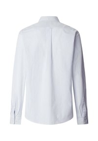 Chemise à manches longues à rayures bleu clair et blanches, avec des poignets boutonnés, vue de dos sur un fond blanc.