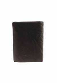 Portefeuille en cuir marron foncé, de forme rectangulaire, avec une surface texturée et des coutures visibles, présentant des motifs en relief pour plus de détails.