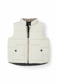Lekki puchowy bezrękawnik w kolorze kremowym z czarnymi akcentami. Posiada zamek błyskawiczny z przodu, wysoki kołnierz i dwie kieszenie naszywane. Pikowana tekstura.